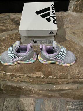 adidas Kids Gray Slip-On Sneakers with Pastel Rainbow Soles